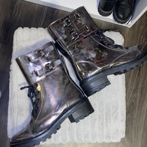 DKNY Shiny Silver Metallic Combat Boots - Moto Buckle Detail - Size 11